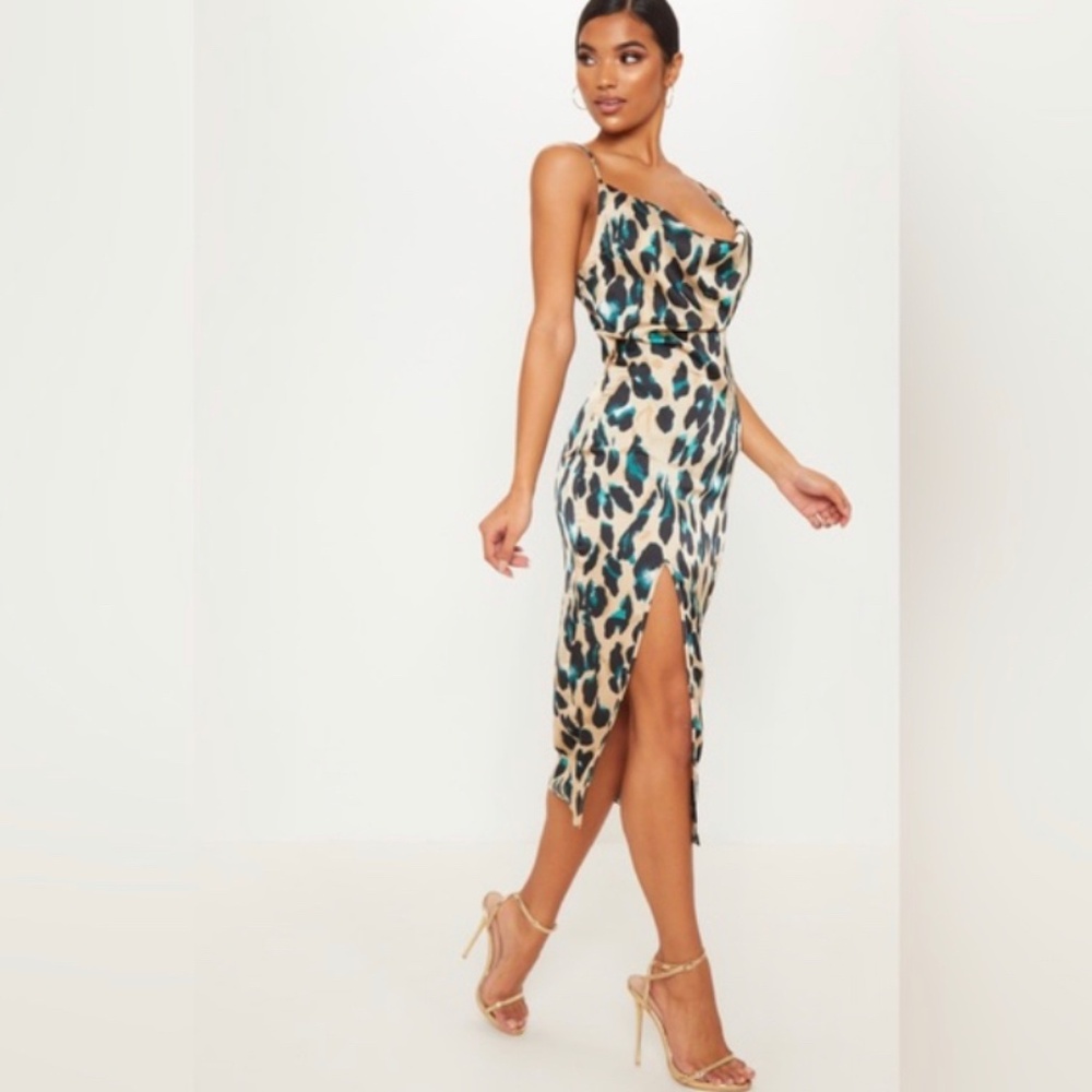 Tan Strappy Satin Leopard Print Cowl Midi Dress